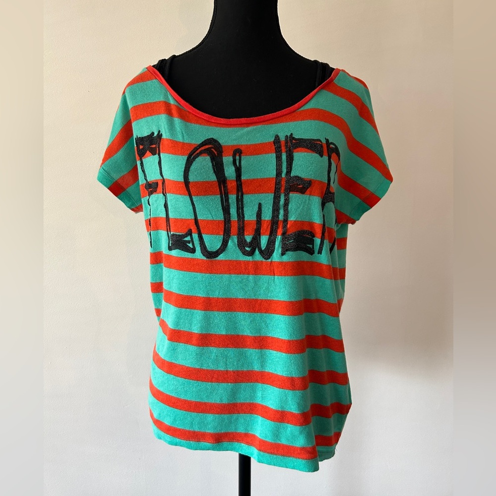 Striped Green and orange Women's Tee with Lettering